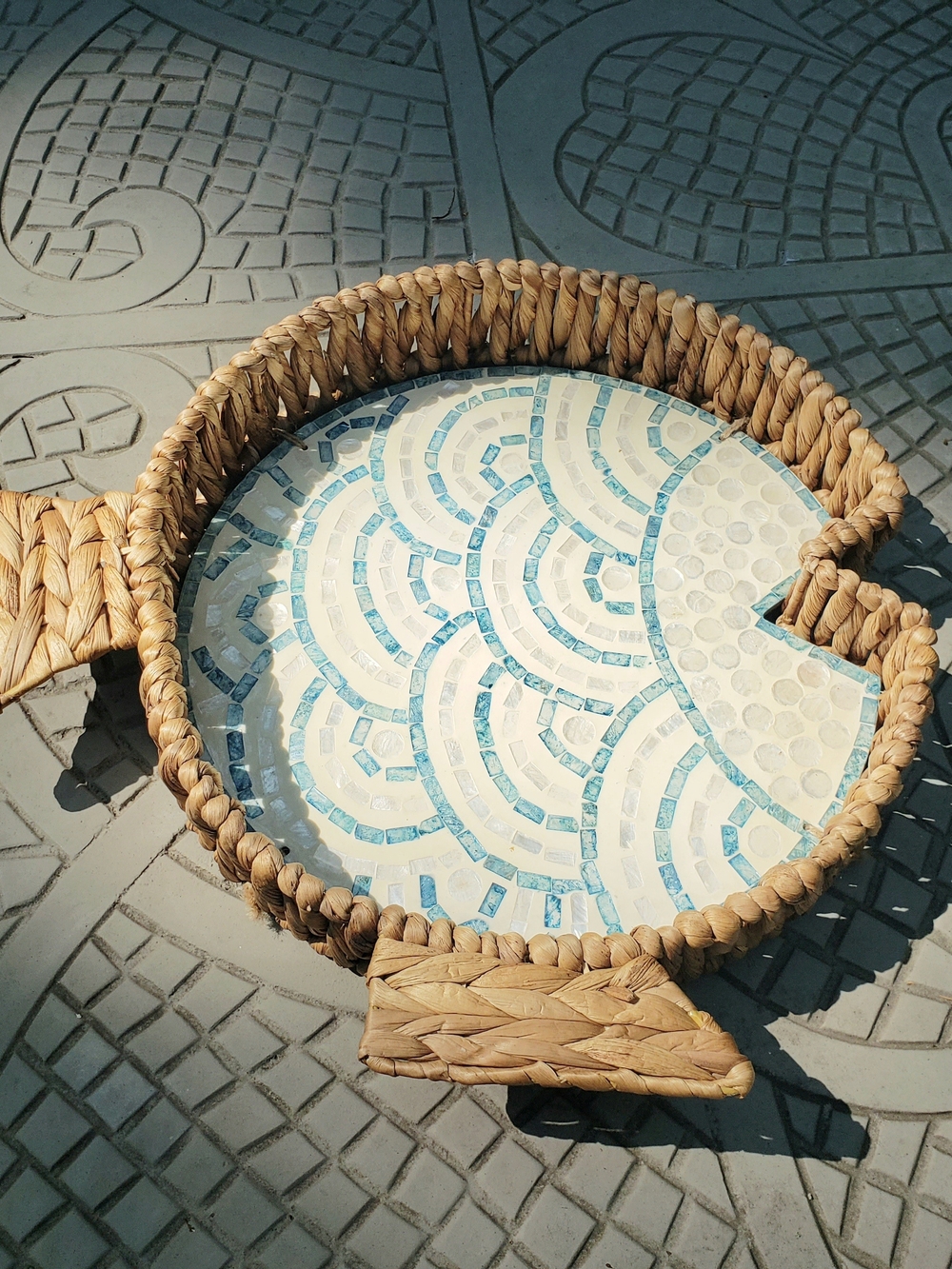 Woven Seagrass Round Serving Tray with Blue Mosaic Inlay